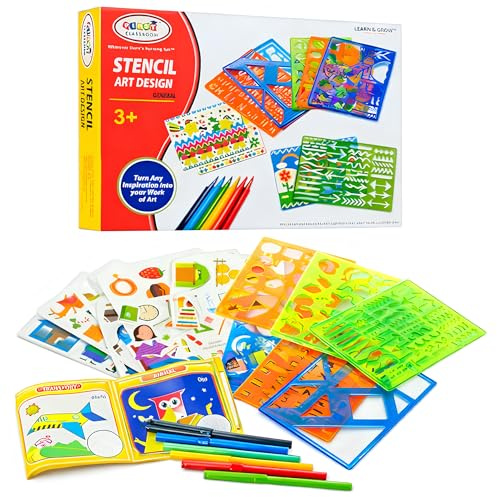 Set Stencil per Pittura Riutilizzabili in Plastica con Strumenti per Colorare Fogli Accessori Disegno Creativo 27 Pezzi Stencil Lettere Numeri Forme Geometriche Decorazioni Fai da Te per Bambini