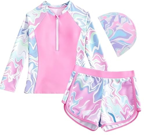 Conjunto de ropa de baño para niña, con protección UV, manga larga con acolchado extraíble, estampado floral de 1/2 cremallera, camiseta de natación y bañador para adolescentes, camiseta UV