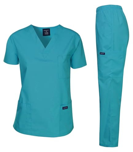 Dagacci Scrubs Medical Uniform Women and Man Scrubs Set Medical Scrubs Top and Pants, Teal_green, XL