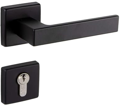 Gedotec Maniglia per porta ferramenta per porta in alluminio maniglia per porta nera su rosetta quadrata per porte interne | PZ - Cilindro | Coppia di maniglie nero opaco | PREMERE 1317 | 1 Set