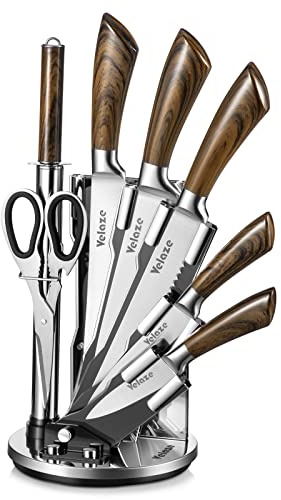 Velaze Messerblock Messer Set 8-teilig, Küchenmesser Set aus Edelstahl, Profil Messerset mit Kochmesser Fleischmesser Brotmesser Küchenschere Wetzstahl, Ergonomischer Griff, Extra Scharf