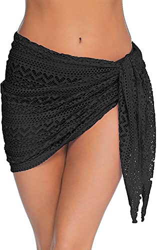 JFAN Pareo de Mujer Mini Vestido de Encaje para Cubrir la Falda Sarong de Playa Multiusos Vacaciones de Verano Negro