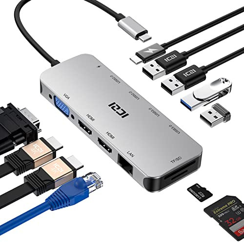 ICZI Docking Station USB C Hub Multiporta Adattatore Universale 11 in 1 con 2 HDMI, 1 VGA/Ethernet, 4 Porte USB, PD 100W, Lettore Schede Compatibile con Macbook Pro/Air, Surface Go, Dell Xps, HP