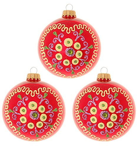 Krebs Glas Lauscha Weihnachtsdekoration/Christbaumschmuck aus Glas - Weihnachtskugeln - Motiv: Herz Rot - 3 Stück - Größe: ca. 8 cm