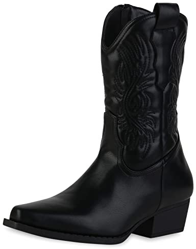 VAN HILL Damen Leicht Gefütterte Cowboy Boots Stiefeletten Stickereien Booties Freizeit Schuhe Spitze Holzoptikabsatz Stiefel 208820 Schwarz 39