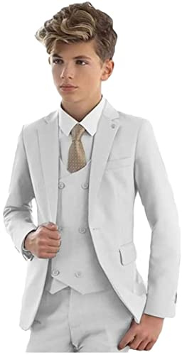 Traje formal infantil de 3 piezas con solapa de pico; chaqueta, chaleco y pantalones, traje de fiesta, esmoquin para bodas, blanco, 10 Años