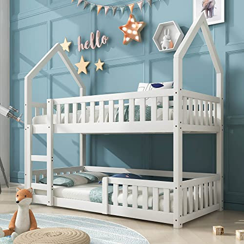 Kayan Bunk Bed, Twin Sleeper Bed with Ladder, Solid Wood Frame 3FT Single Gaming Castle-shaped 90 x 190 cm Children's room Furniture, Wooden for Kids Children, 195L x 98W x 192H cm