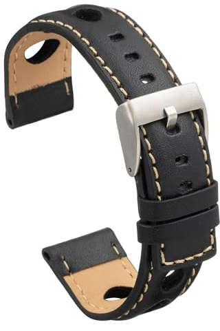 Diloy Bracelet en cuir de veau perforé style rallye racing – Design sportif pour montre – Tailles 20mm 22mm 24mm – Noir, marron, bordeaux ou bleu marine P355 Noir 24mm