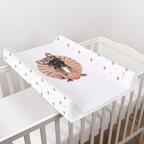 Matelas à langer rigide pour bébé - 70 x 50 cm - Convient aux lits de 120 x 60 cm - Unisexe - Anti-roulement - Imperméable - Avec bords surélevés - Motif bouledogue