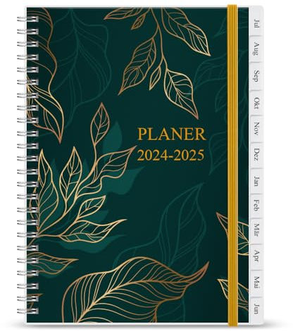 Terminplaner 2024-2025 - Juli 2024 bis Juni 2025, Kalender 2024-2025 bis 30 Minuten-Intervalle, A5 Wochenplaner mit Monatsregistern, einfache Organisation des täglichen Lebens, 14,8×21cm, Green Leaf