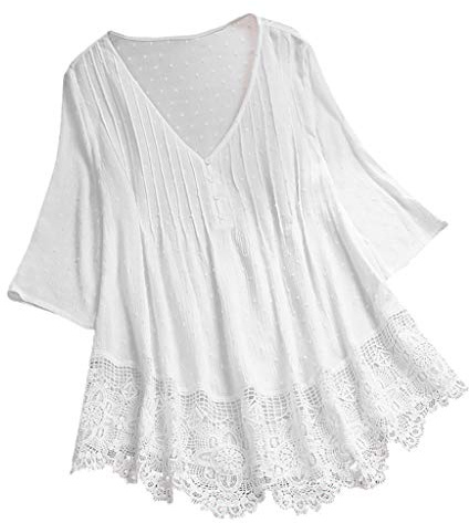 Womens Summer Loose Tops V-Neck Lace Crochet Half Sleeve Shirts Casual Chiffon Blouses Flowy Blouses Shirts(White,XX-Large)