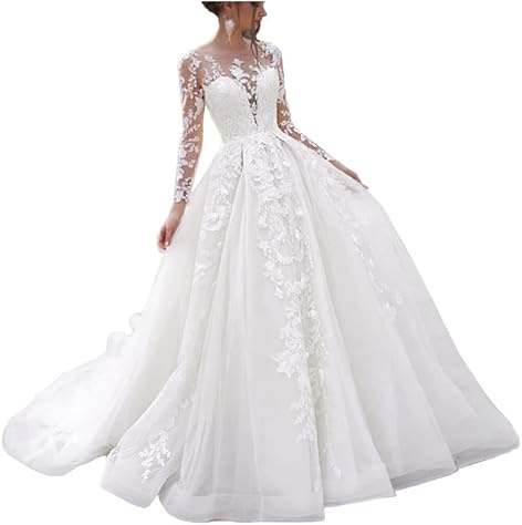 SEVENYXX Abiti da Sposa Principessa Lunga Pizzo Manica Lunga Abito da Sposa A-Line Civil Abito da Sposa con Treno, Avorio, 46