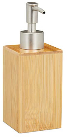 Relaxdays 2X Dispenser di Sapone Manuale, 200ml, Ricaricabile con Testa a Pressione, bambù & Plastica, Naturale/Argento