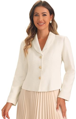 Allegra K Blazers en Tweed pour Femmes Col à Revers Manches Longues Vestes Courts Boutonné Coupe Cintré Costume d'affaires pour Automne et Hiver