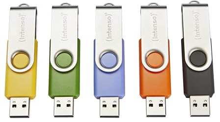Intenso Basic Line Lot de 5 clés USB 2.0 64 Go avec étiquettes Pratiques, Jaune, Vert, Noir, Bleu + Orange, avec Anse en métal argenté