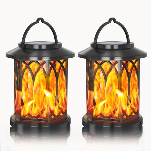 2 Stück Laterne Solar Außen, Solarlampen für Außen Garten Hängend, IP65 Wasserdichte, Campinglampe, Flammenlampe, Aussen Gartenleuchten Deko, Solarleuchten für Veranda Terrasse Hof Balkon Rasen