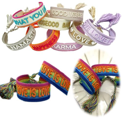 LS-LebenStil Exklusives Statement Armband - das Original - Love is Love Regenbogen 16-20cm Quasten besticktes Boho Canvas Webarmband Damen Freundschaftsarmband Geschenk gewebt textil Stoffarmband