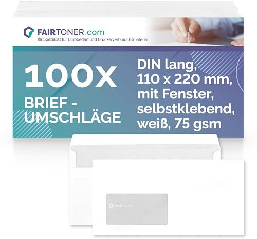 FairToner Briefumschlag DIN Lang Selbstklebend, (100 Stück) mit Innendruck in Folienpackung-eingeschweißt, weiß mit Sichtfenster
