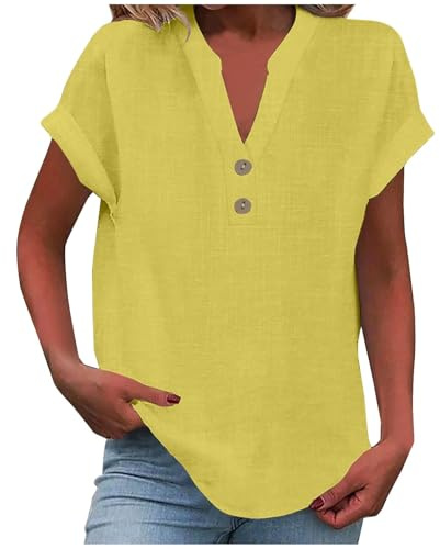 KOG Damen Shirt Vintage Leinenshirt Tuniken Elegante Kurzarm Blusen Teenager Mädchen Tunika Basic Leinenbluse Kleidung Frau Rundhals Oversized Gelb L