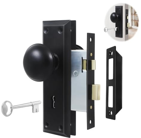 Lubentol 1 Pack Mortise Keyed Lock Set with Classic Bronze Knob – Perfect for Replacing Broken Antique Lock Sets and More, Fits 1-3/8 in.-1-3/4 in. Interior Doors Replacement Hardware (Matte Black)