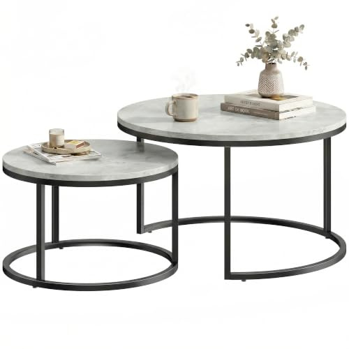 HOMCOM Couchtisch rund 2er Set Stapelbarer 78,5 x 78,5 x 46,5 cm Grau | Beistelltisch mit Metallrahmen, Wohnzimmertisch mit Marmoroptik, Kaffeetisch Satztisch, Wohnzimmer, Schlafzimmer