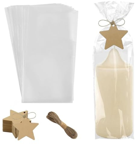 KQOZG Set di 50 sacchetti in cellophane 12,5x27,5 cm OPP con 50 etichette regalo kraft e spago per confezionare candele, dolci e biscotti per matrimoni e feste di San Valentino