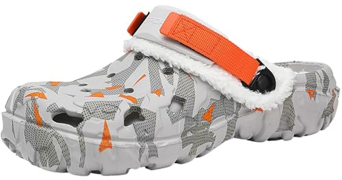 Men's Winter Clogs: Faux Fur Lined Garden Shoes - Indoor Warm Plush Fleece House Slippers - Outdoor Walking Mules with Adjust Back Strap Orange 44