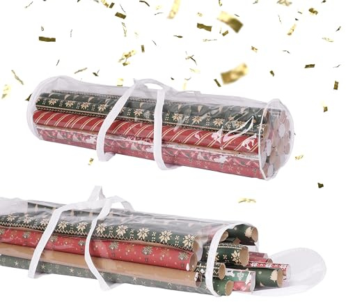 Relaxdays Geschenkpapier Aufbewahrung, 2er Set, Reißverschluss, Griffe, HxD: 79x22 cm, Geschenkpapiertasche, transparent