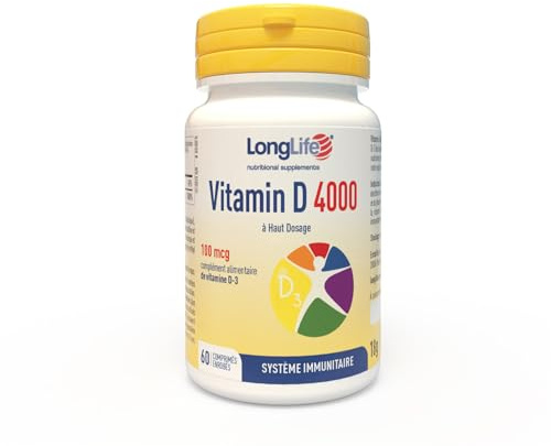 LongLife® Vitamin D 4000 | Haute teneur en vitamine D3 naturelle | 4 mois d’utilisation | Défenses immunitaires, santé des os et des dents | Métabolisme du calcium | Sans gluten et végétarien