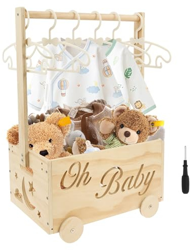Babykorg present med handtag, 34 × 23 × 50 cm, presentkorg för bebisar av trä med 6 hängare, personlig förvaringslåda, välkommen present till nyfödda pojkar och flickor för nybakade föräldrar