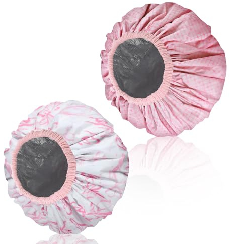 2 Stücke Duschhaube Damen Wasserdicht, Shower Cap, Rosa doppelschichtige Duschhaube Damen, Haarpflegemütze für Haus und Salon