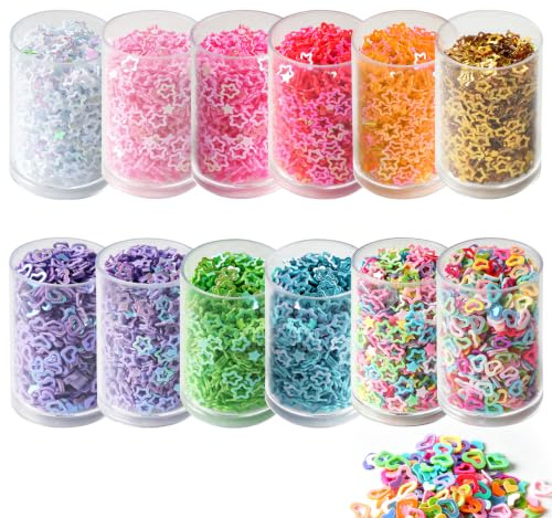 TQIOQIY 12 Pcs Sequins for Crafts, 6 Colours Star + 2 Colours Heart Glitter Confetti, Iridescent Hollow Sprinkles for Nail Art, Jewellery, Wedding Table Confetti, DIY Sewing Embellishments