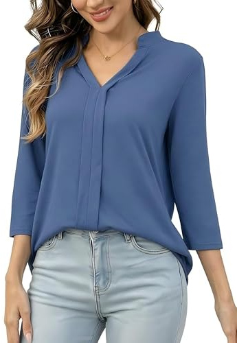 FaerieFlair Womens Casual Long Sleeve Tops V Neck Pleated Shirts Fashion Dressy Tunic Blouses Basic Top
