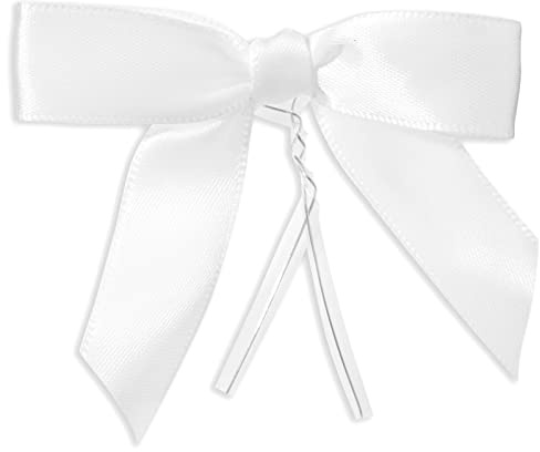 Fiocchi Bianchi con Laccetto, Confezione da 100 Fiocchi in Nastro di Raso Pre-Annodati per Bomboniere, Sacchetti Regalo, 6.3 x 7.6 cm Ciascuno