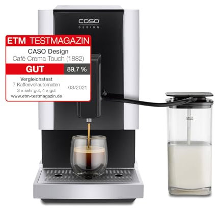 CASO Café Crema Touch, Design Kaffeevollautomat, inkl. Schlauch und Milchtank, Kegelmahlwerk stufenlos einstellbar, sofort startbereit, alle Kaffeespezialitäten per Touch, Schwarz, Edelstahl