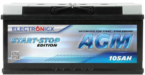 Electronicx Agm Autobatterie 105ah 12v - Wartungsfreie, Auslaufsichere Starterbatterie Für Start-stopp Fahrzeuge - Schnellladefähig Und Langlebig - 12v Agm Batterie Für Autos Und Transporter
