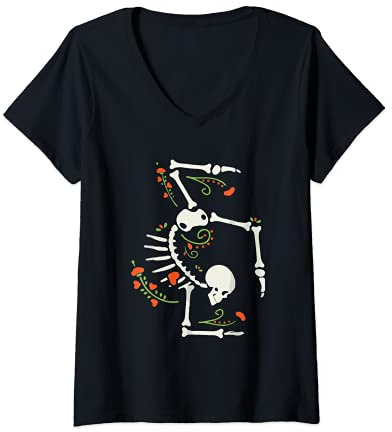 Femme Costume de gymnastique squelette pour Halloween T-Shirt avec Col en V