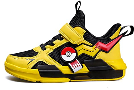 Zapatillas de deporte para correr para niños y niñas, ligeros, cierre con velcro, transpirables, zapatillas de malla para ocio, talla 27-39, Amarillo y negro., 33 EU