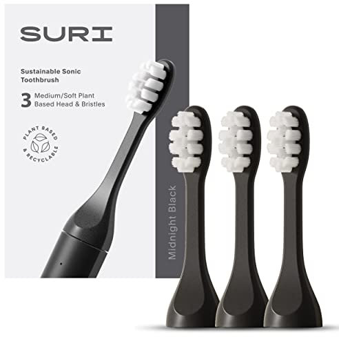 SURI Recyclable Plant-Based, Electric Toothbrush Heads - Built-in Tongue Scraper, Long Lasting Replacement Heads | Compatible Only with SURI Sonic Electric Toothbrush - Midnight Black, Pack of 3