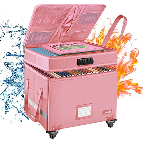 DocSafe File Box with Lock,2-Layer Fireproof Document Box with Wheels,Collapsible Rolling File Storage Organizer with Pockets,Large Portable Home Office Filing Cabinet Safe for Hanging Folders,Pink