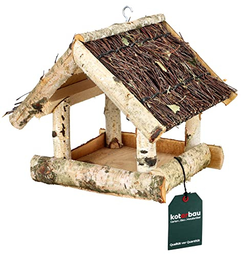 KOTARBAU® Mangiatoia per Uccelli Da Esterno - Legno Di Betulla - 25,5x25,5x23,5 cm - Marrone - Casetta per Uccelli - Selvatici - Design Naturale - Mangiatoia In Legno - Giardino e Balcone