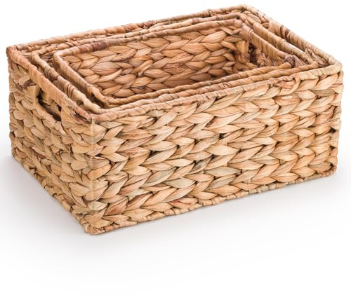 Woodluv Set of 3 Water Hyacinth Handwoven Shelf Storage Gift Hamper Basket - Large, Medium & Small