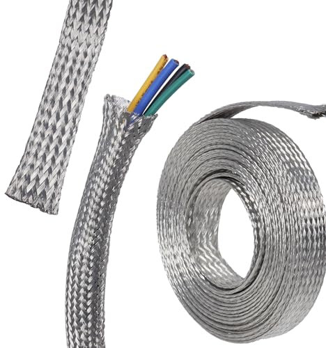 FOURUB Flat Tinned Copper Wires Shielding Sleeving,Wire Cable Braided Sleeve Shield Metal Ground Straps EMI/RFI Mesh Protect (9/16-16ft, Silver)