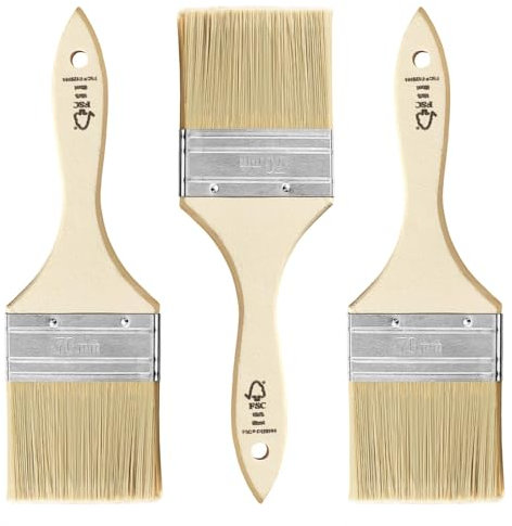 TubeRoo Lot de 3 pinceaux plats de 70 mm pour vernis, vernis, huiles, peintures murales, acryliques, pinceaux à vernis, pinceau à lasure, pinceau de peinture sur bois, métal