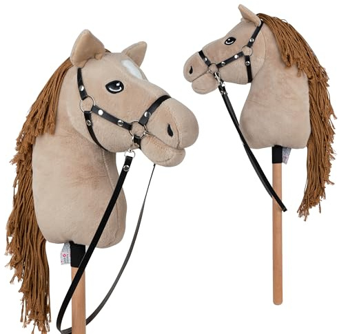 Pink Papaya Hobbyhäst, med grimma och träns, käpphäst för hobby horsing, häst att rida för barn.