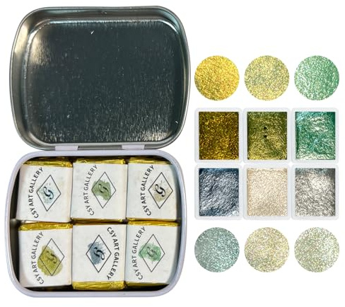 CSY art gallery Handmade Metallic/Mica Watercolour Paint Set in Tin Case Sparkly, Shimmer, Glitter for Artists, Students, Hobbyists, Calligraphers (Firefly Forest)