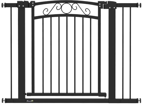PawHut Barrera para Perros Puerta para Perros 76-104 cm Barrera de Seguridad para Perros con 2 Extensiones 7/14 cm y Doble Bloqueo para Escaleras y Puertas Negro