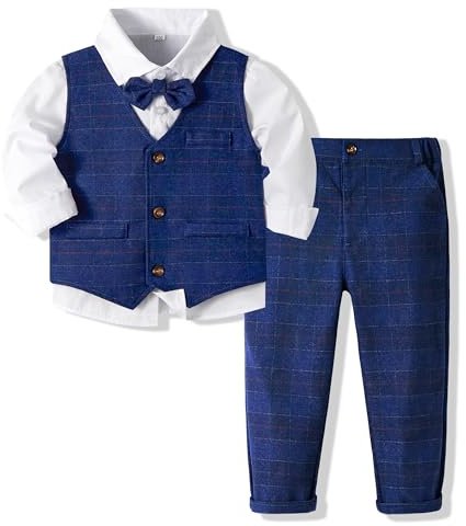 Volunboy Ensemble Costume Bébé Garçon Gentilhomme, Costumes Mariage Gilet Chemise Pantalon avec Noeud Papillon(2-3 Ans,Plaid Bleu Foncé,Taille 100)
