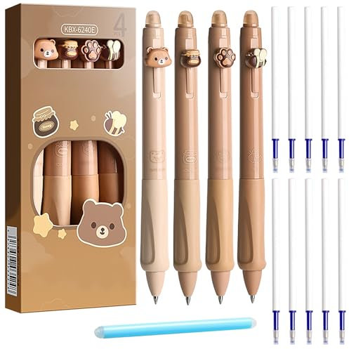 Qaestuan 4 Stück Radierbarer Kugelschreiber, Löschbaren Gelstiften, Radierbare Stifte Set mit 10 Nachfüllungen, 2 Radiergummi, Cartoon Tintenroller, Gelschreiber Blau 0,5 mm, für Schulsachen, Khaki