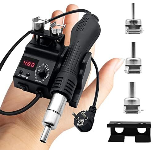 8858 Estación de soldadura de aire caliente, 700 W SMD soldadura de aire caliente incl 3 puntas, estación de rework con pantalla LED 100-480°C, estación de soldadura para BGA, SOIC, CHIP, QFP, PLCC